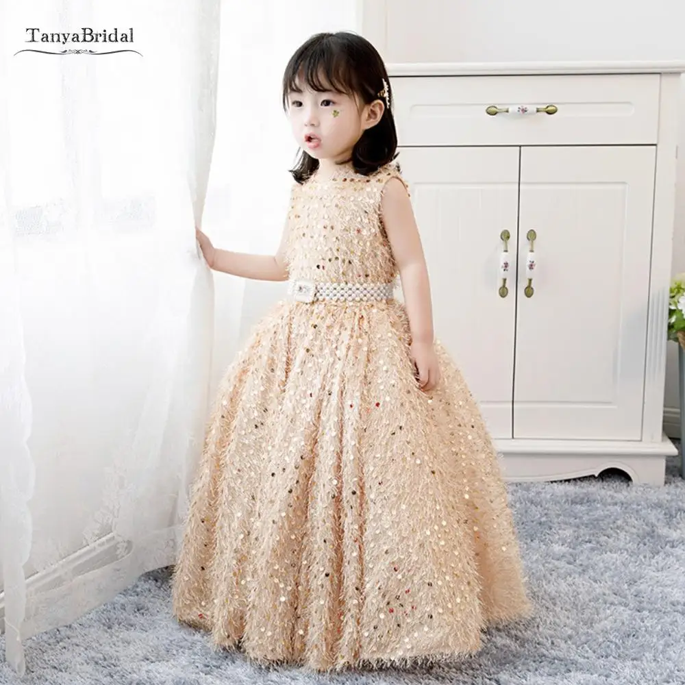 Cute Ball Gown Flower Girls Dresses for Party and Wedding Champagne Gold Bling Sequins Long Formal Gowns Baby Girl XF044 | Свадьбы и