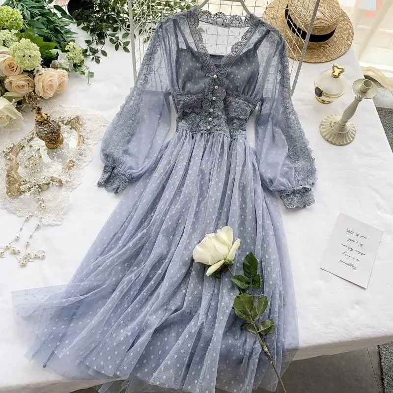 

Autumn 2021 New Mesh Dress Chic Gentle Wind Skirt Fairy Sweet Long Temperament Dress