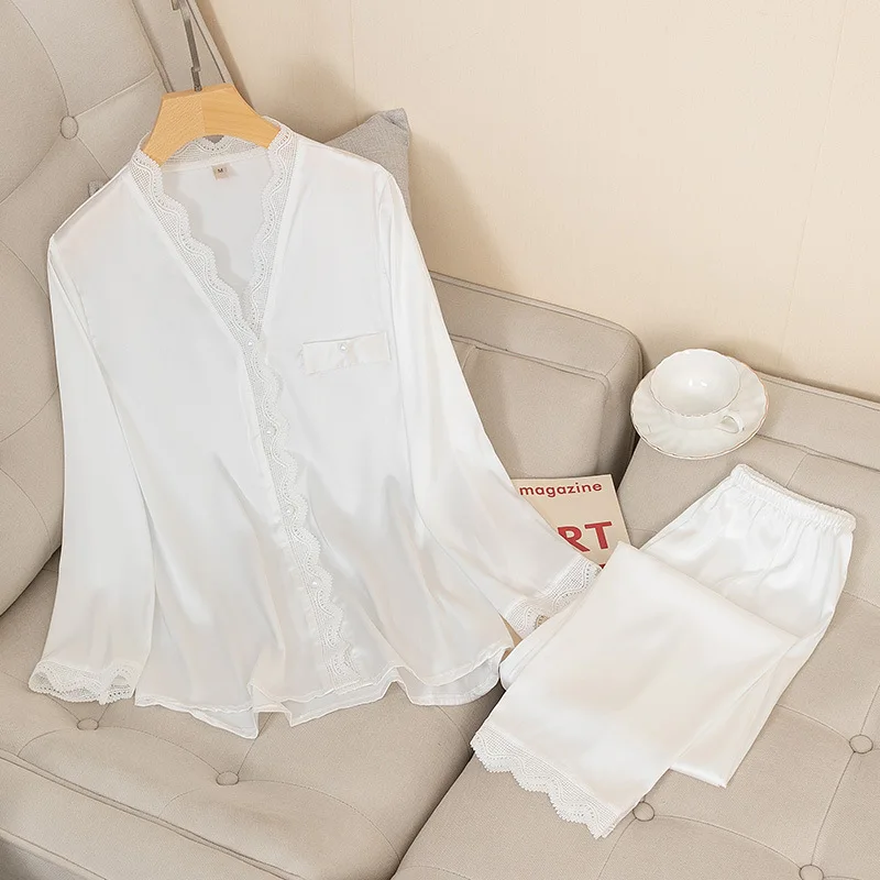 

Casual Pajamas Set Satin Sexy Women 2 Piece Sleepwear Silky Pyjamas Loungewear Solid Nightwear Spring New Bathrobe Shirt&Pants