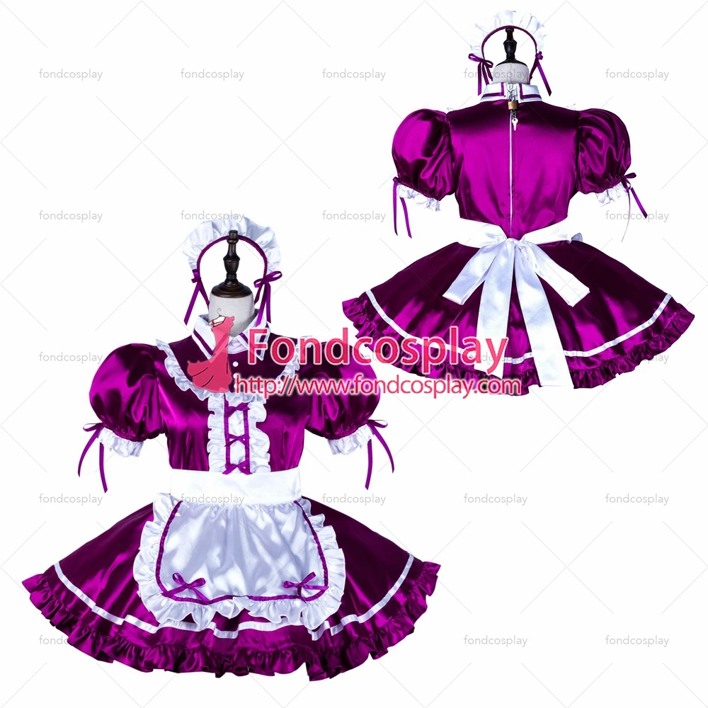 

fondcosplay adult sexy cross dressing sissy maid Purple satin dress lockable Uniform white apron costume Tailor-made[G2251]