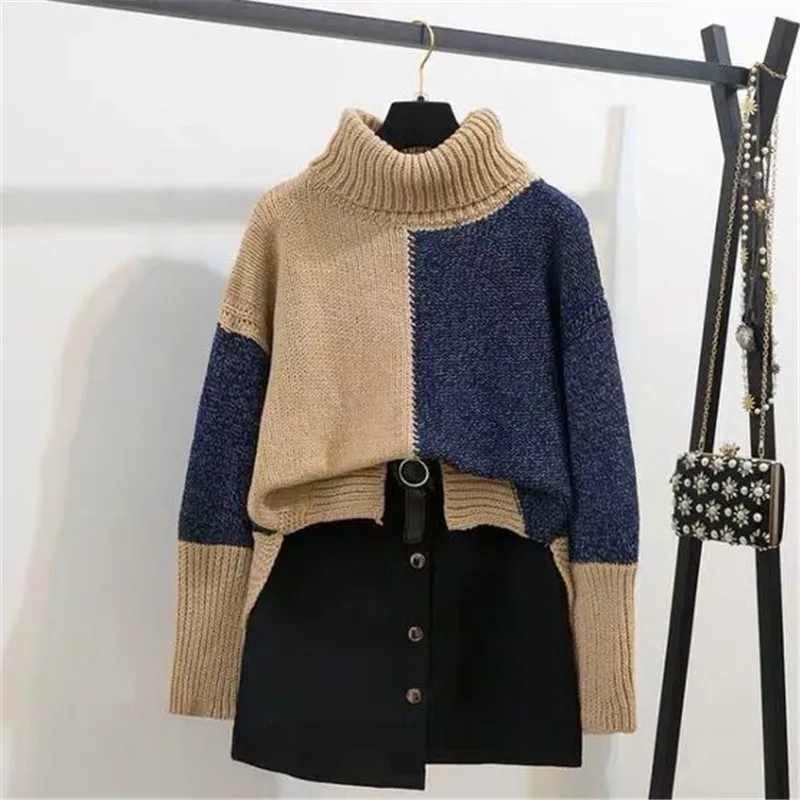 Женский комплект из 2 предметов свитер с высоким воротником и шерстяной ремень