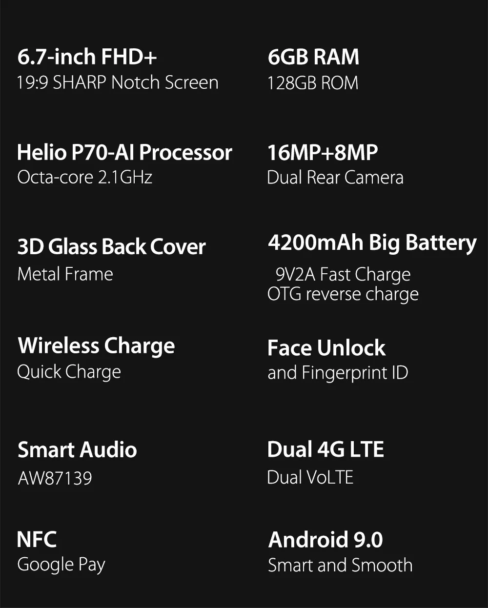 Мобильный телефон Ulefone T2 4G, 6,7 дюймов, Android 9,0, смартфон, 6 ГБ, 128 ГБ, Восьмиядерный, отпечаток пальца, Беспроводная зарядка, две sim-карты, глобальная версия
