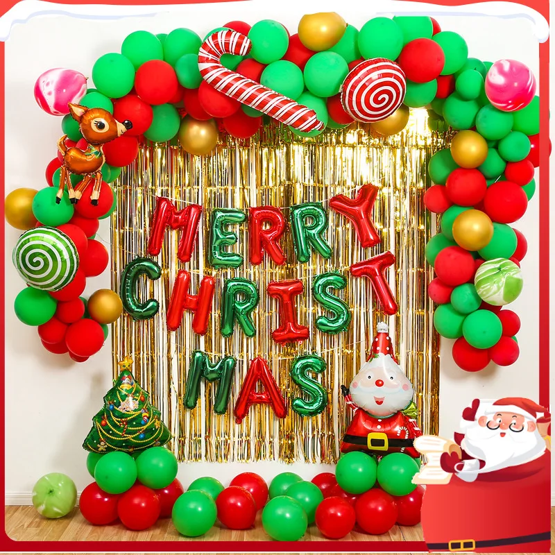 

Christmas Party Balloons Set Merry Christmas Balloons Banner Red and Green Balloons Santa Claus Elk Balloons Snowman Decoration