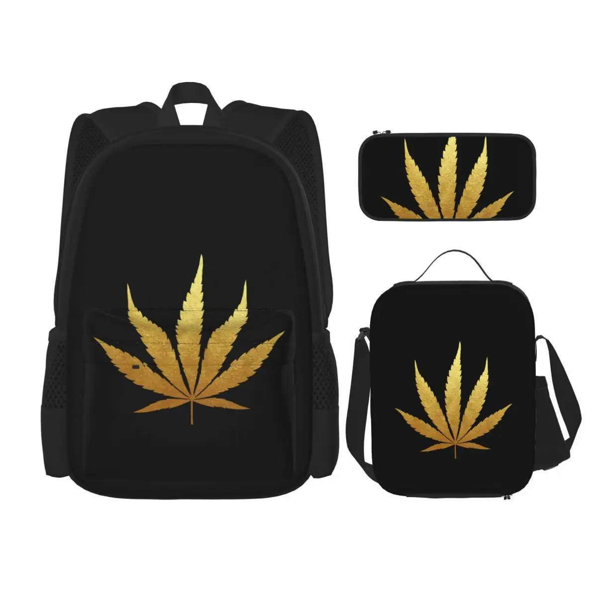 

3 Pcs Golden Glitter Foil Cannabis Leaf Silhouette Backpack Unique Knapsack for Teenagers Girls Boys Travel Bagpack School Bags