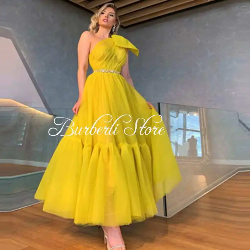 Newest Gold Mesh Ankle-Length Dress Pretty One Shoulder Bow Ruffles Party Gowns With Crystals Waist Chic Graduation Party