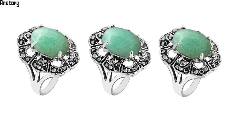 Oval Natural Stone Rings For Women Vintage Look Antique Silver Plated Rhinestone Plum Flower Gemstone Ring Fashion Jewelry TR693