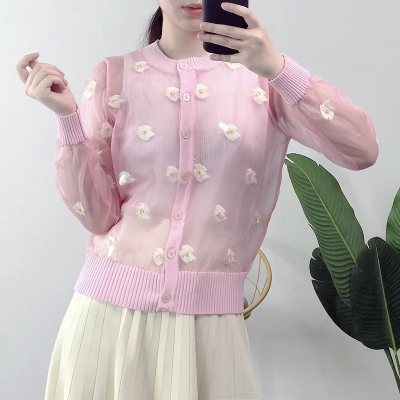 

2021 прозрачный солнцезащитный вязаный кардиган, Женская Цветочная аппликация, прозрачные вязаные топы из органзы, обложки, свитер