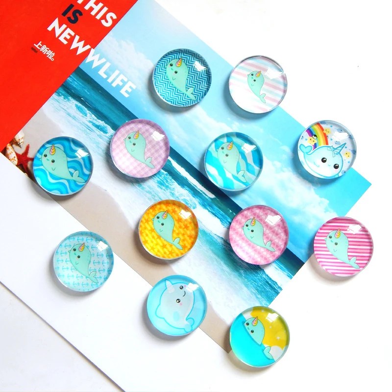 

Random Mix 10 Pcs Cartoon Narwhal Whale Pattern Round Glass Cabochon Necklace DIY Glass Patch Dome Flat Back Jewelry Findings