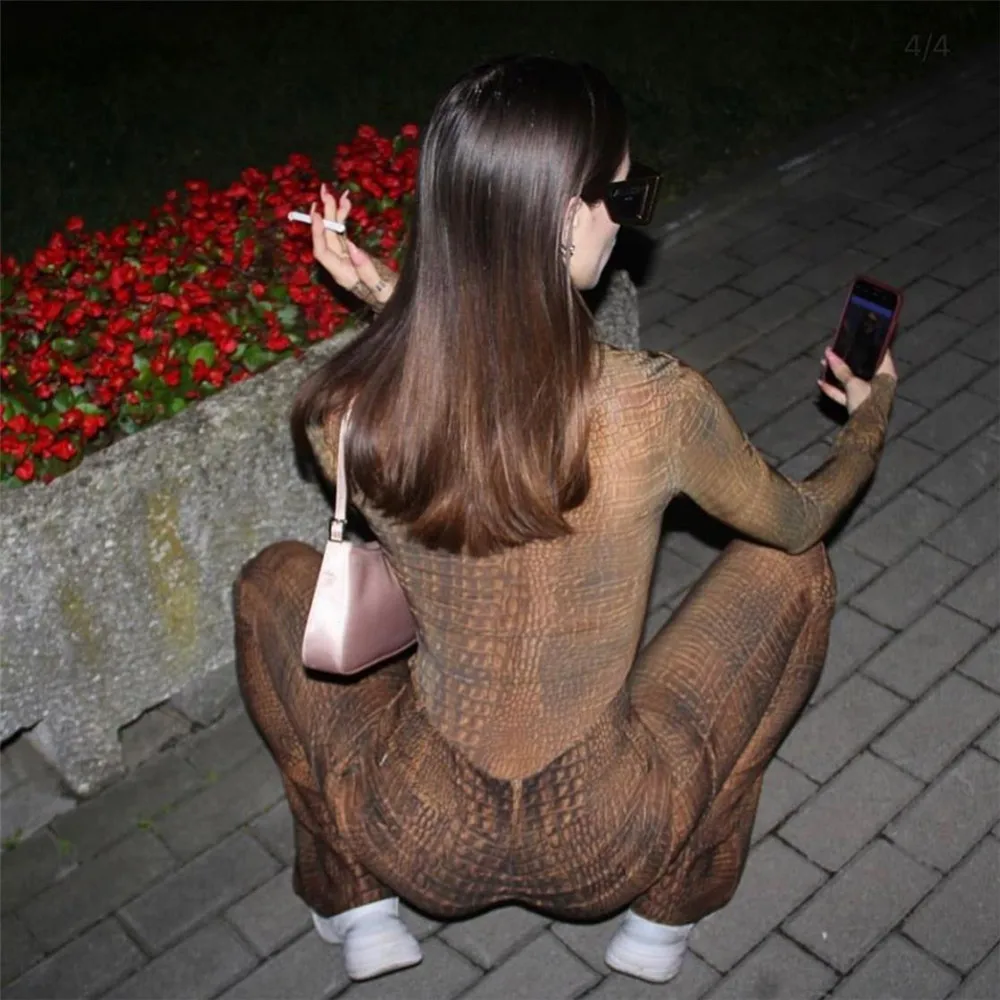 Shstyle крокодил животных печати боди с высоким горлом женщин Bodycon сексуальный дикий длинный рукав коричневые тела Женская Клубная одежда осень