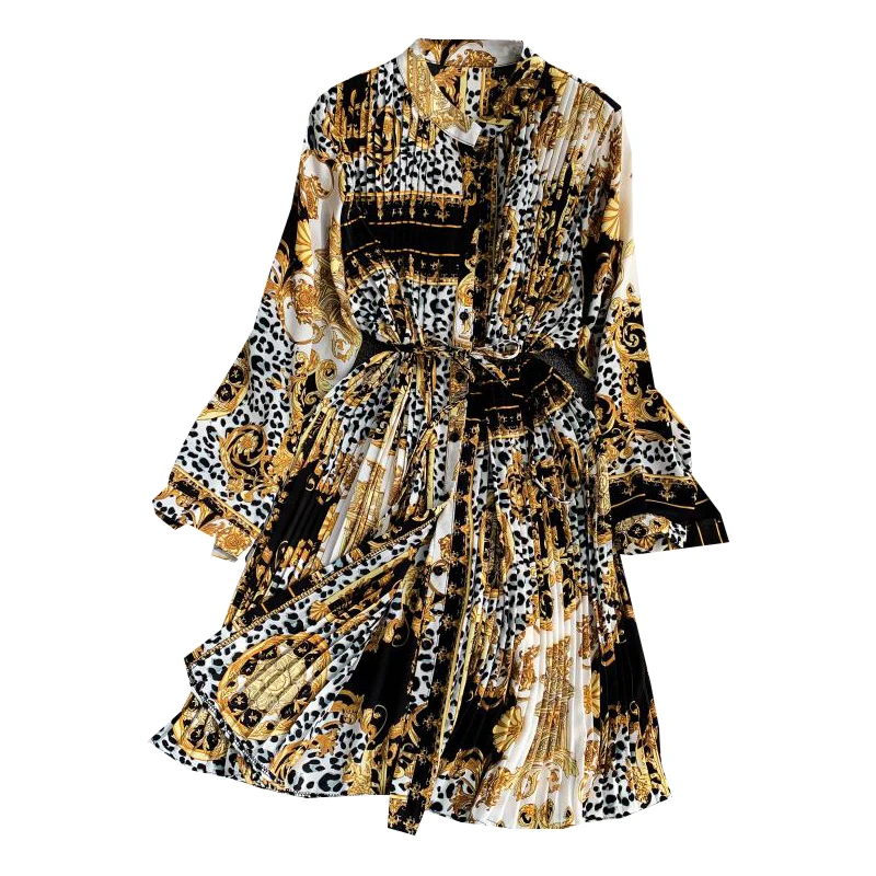 Женское плиссированное платье с леопардовым принтом шифоновое платье-рубашка