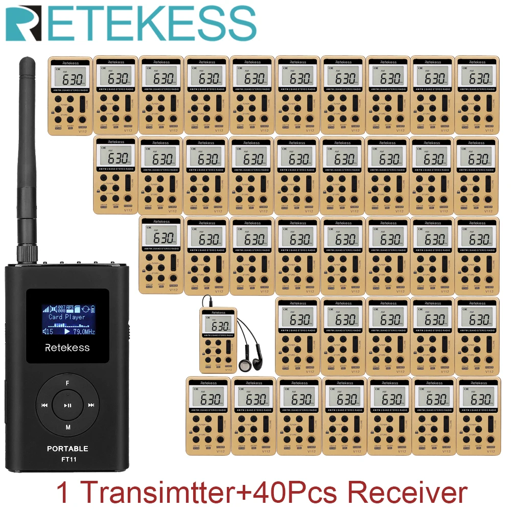 RETEKESS FT11 + 40Pcs V112 Tour Guide System Беспроводная аудиомикрофонная система для церкви, конференции, встречи, устного перевода RETEKESS FT11 + 40Pcs V112 Tour Guide System Беспроводная аудиомикрофонная система для церкви, конференции, встречи, устного перевода