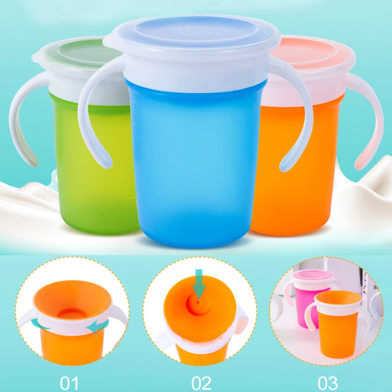 

220 ML Leak Proof Silicone Baby Drinking Cup 360 Degree Rotating Magic Child Water Bottle With Double Handle Flip Lid Copos