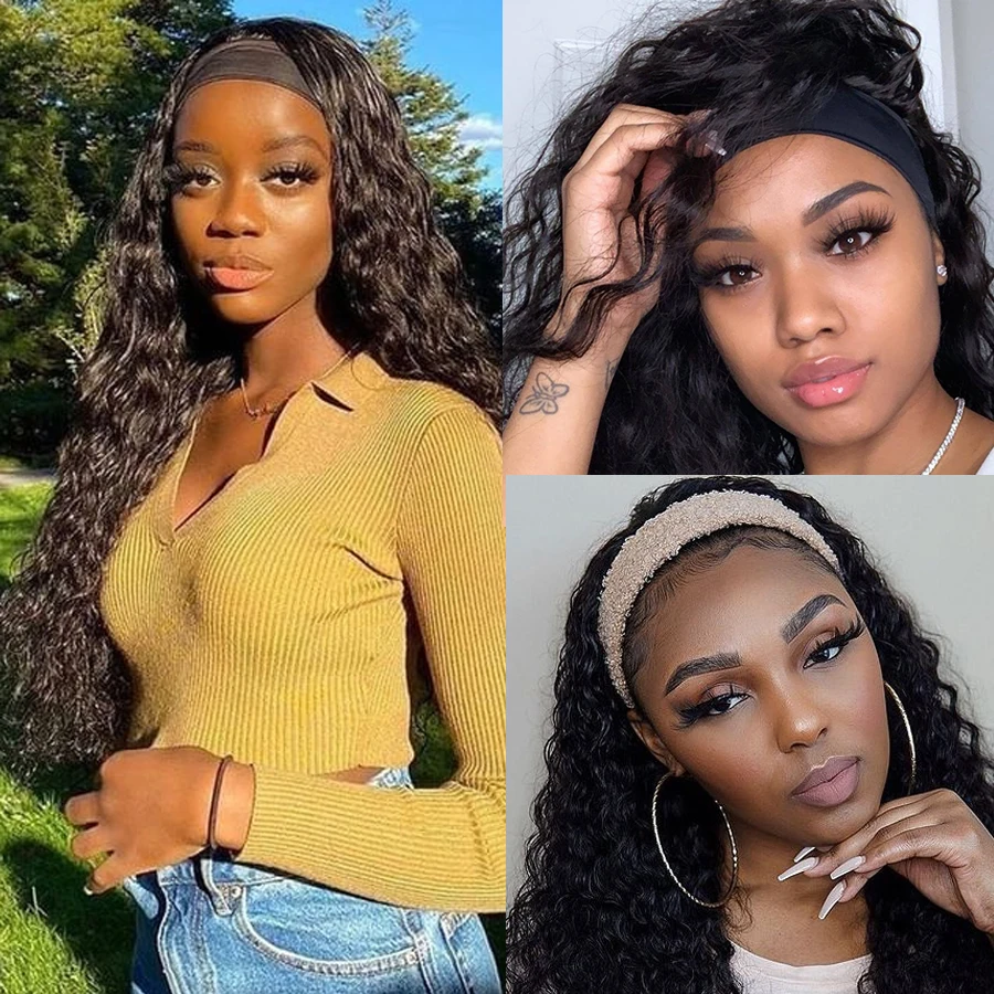 

Water Wave Headband Wig Human Hair Wigs For Black Women Brazilian Scarf Wig No Glueless No Lace Remy Curly Human Hair Wigs