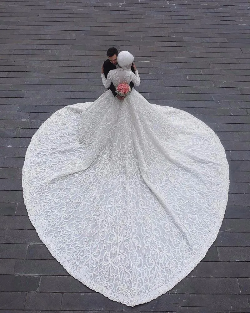 2020 Vintage Muslim Wedding Dress Luxury Full Lace Long Sleeves High Collar Hijab Vestido de noiva Customized Bridal Gowns | Свадьбы и
