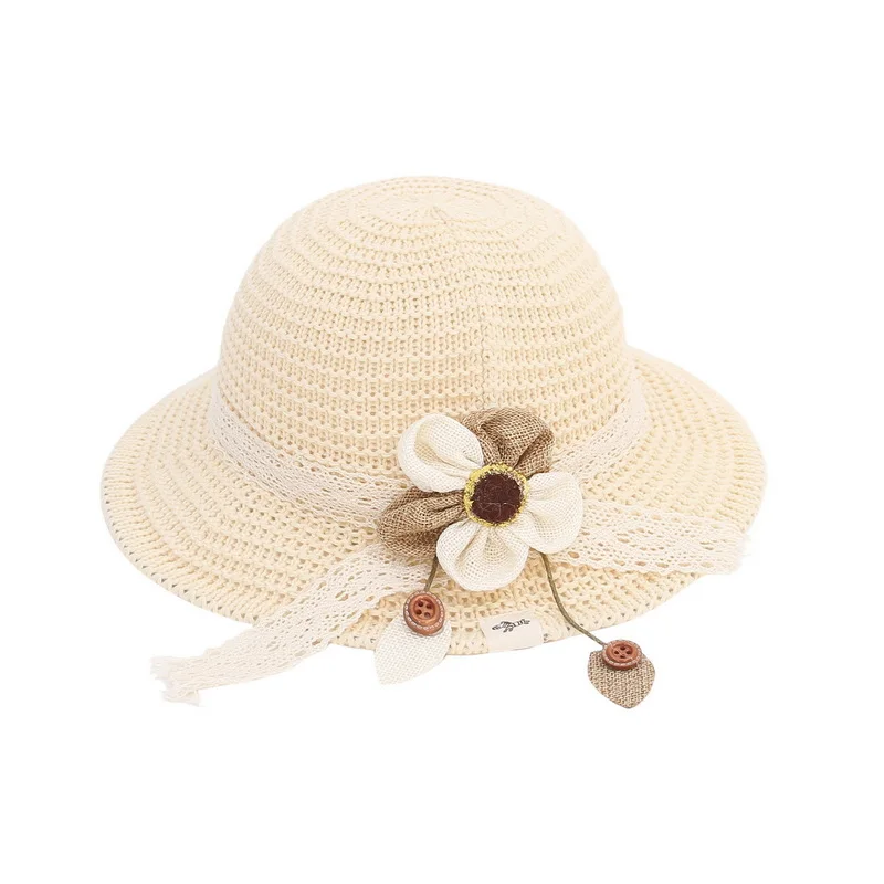 

Шляпа от солнца с пуговицами для детей, Соломенная Панама с бежевым кружевом, с бантом и цветами, лето