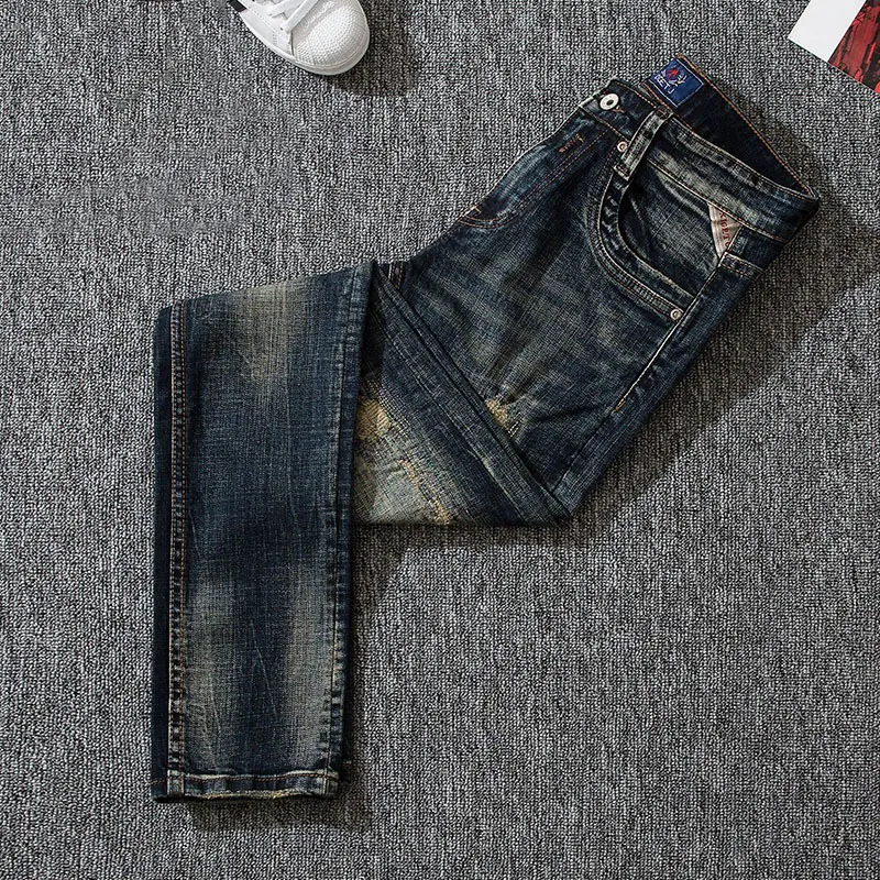 European Vintage Fashion Men Jeans Retro Black Blue Elastic Slim Fit Ripped Jeans Men Embroidery Designer Casual Denim Pants