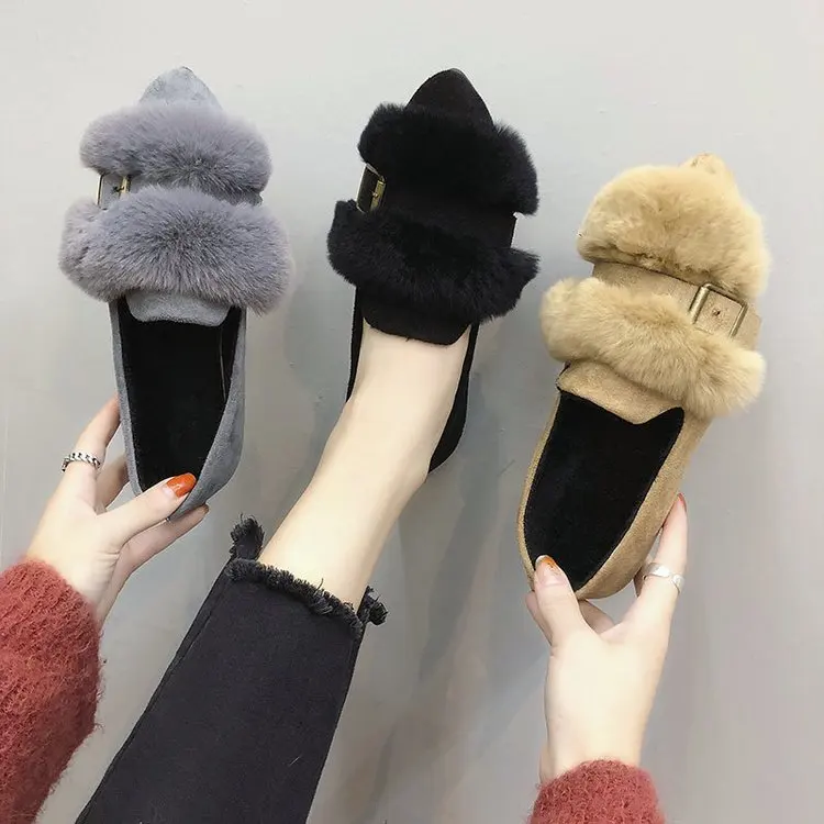 Известный бренд обувь на меху норки женская плоской подошве с острым носком