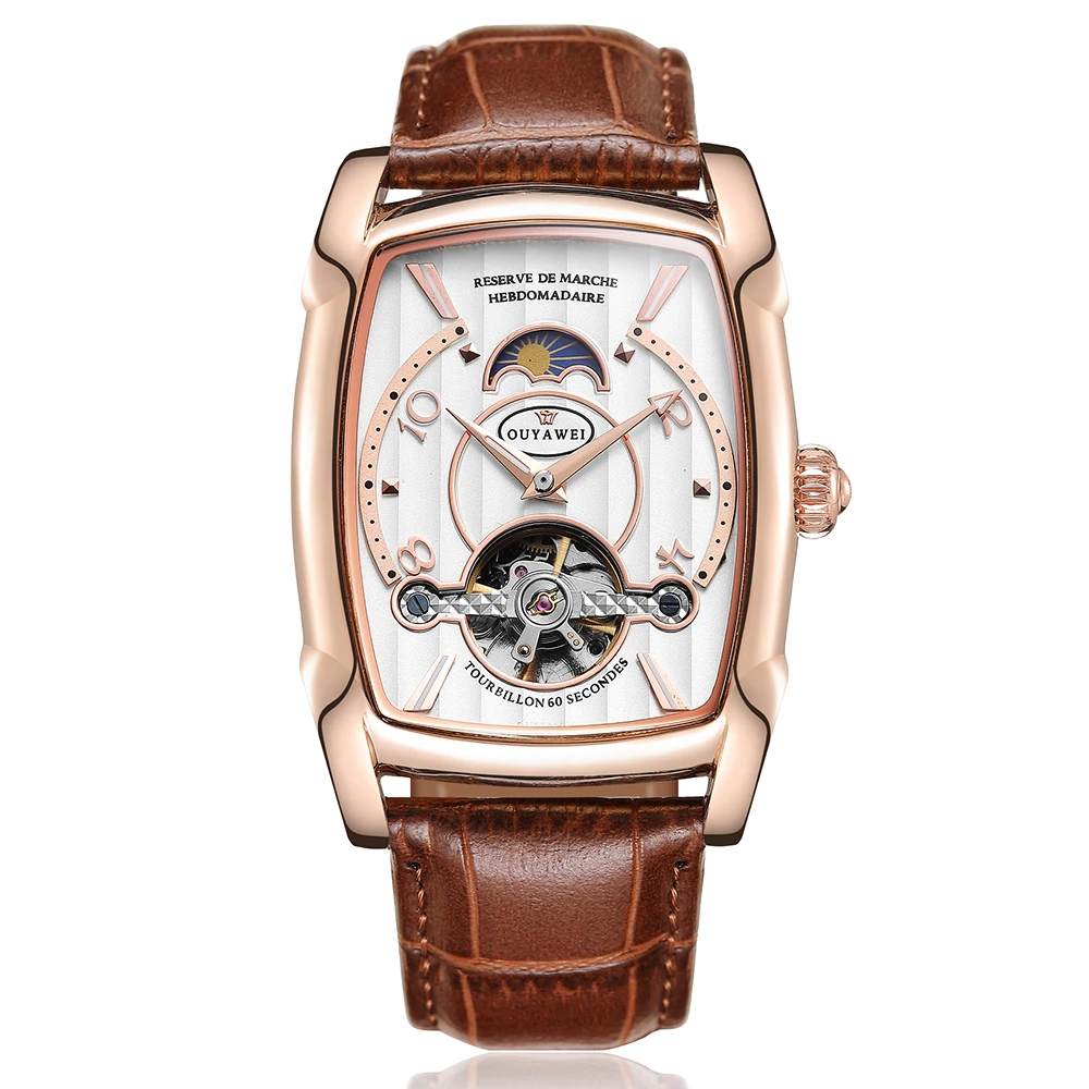 ROSE GOLD WHITE Мужские механические часы с прямоугольным каркасом, наручные часы от роскошного бренда, автоматические часы с турбийоном, наручные часы Relogio Masculino - Цвет: ROSE GOLD WHITE