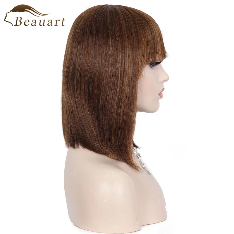 

Beauart 100% Human Hair Bob Cut Full Wigs 12"Straight Ombre Brown Hair Wig With Hair Bangs For Women None Lace Front Wigs