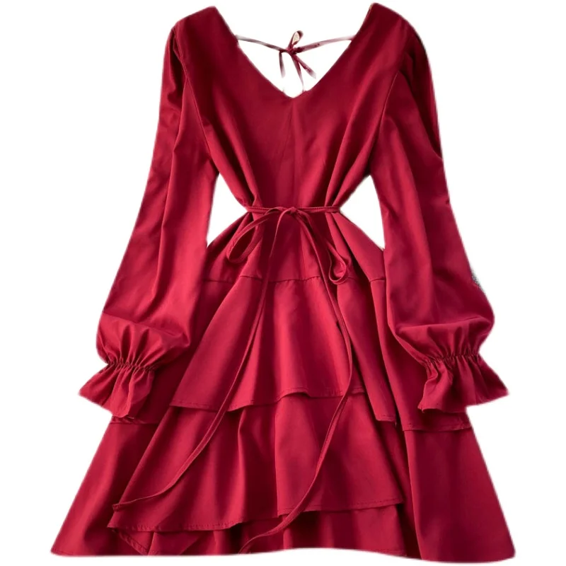 Красное платье C876 женское 2022 весна осень новая мода V-образный вырез прилегающего кроя длинный рукав оборки сплошной цвет повседневные платья.