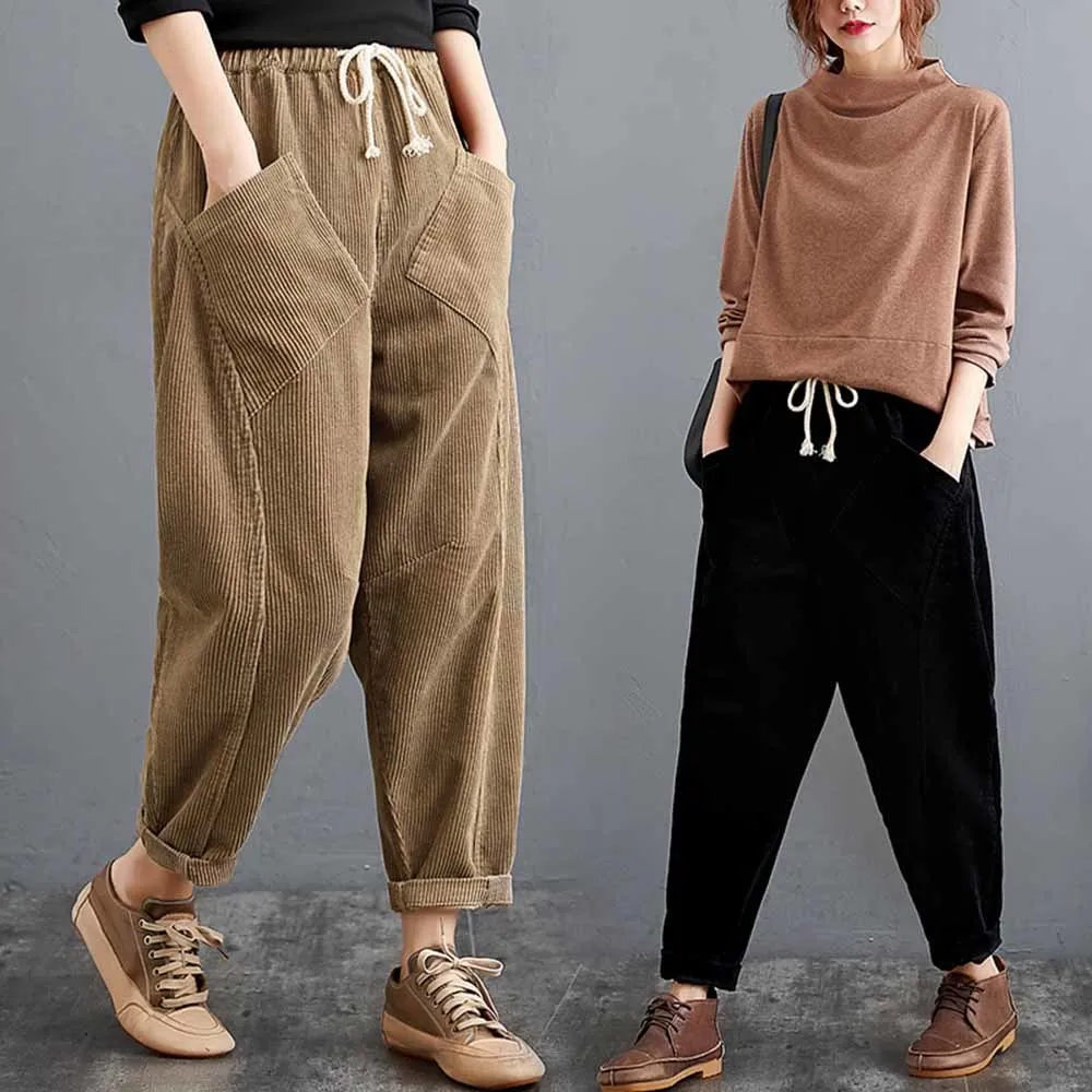 

Spring Autumn New Arts Style Women Elastic Waist Double Pocket Loose Corduroy Pants All-matched Casual Solid Harem Pants