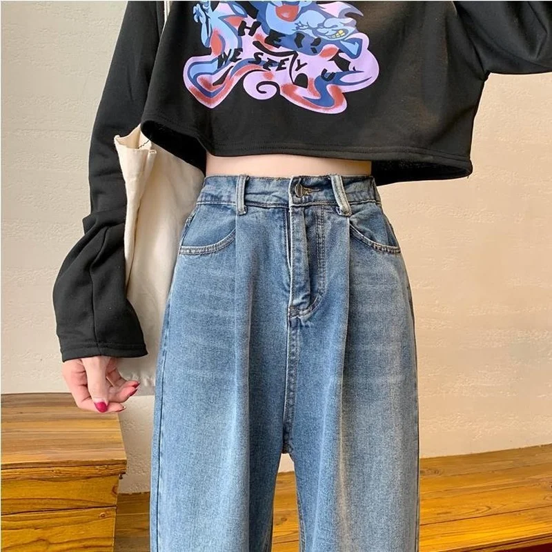 

Jeans Women Retro High Waist All-match Ankle-length Trousers Denim Korean Style Folds Streetwear Zipper Straight Baggy Bottoms