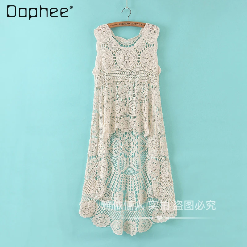 

Женский ажурный Длинный жилет, винтажный вязаный крючком жилет на бретельках, хлопковая трикотажная верхняя одежда без рукавов, накидка на ...