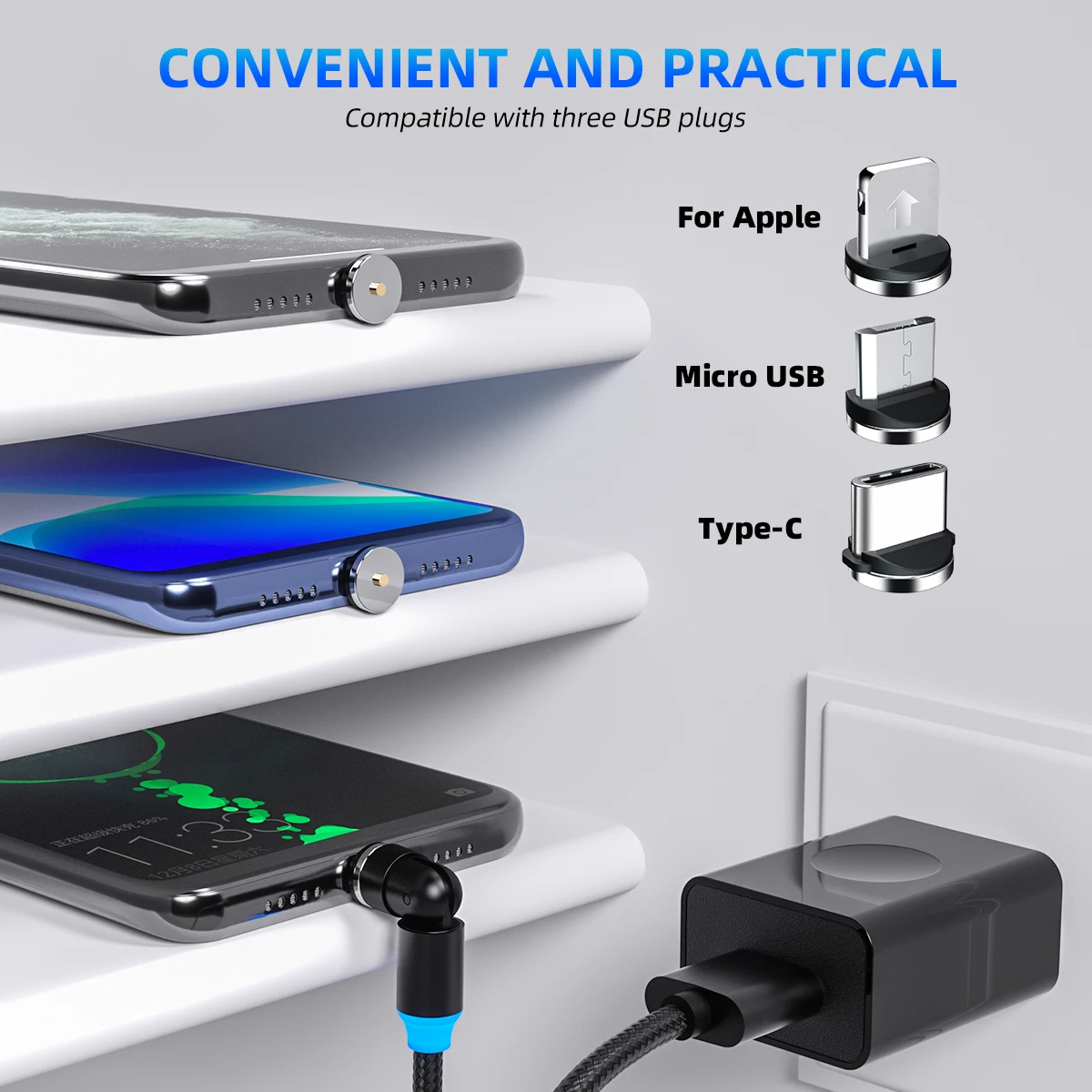 FONKEN Magnetic Charging Cable 540 Degree Rotate Magnetic Cable 180 360 Micro USB Cable Magnet Charge Charger Cable Type C Cord
