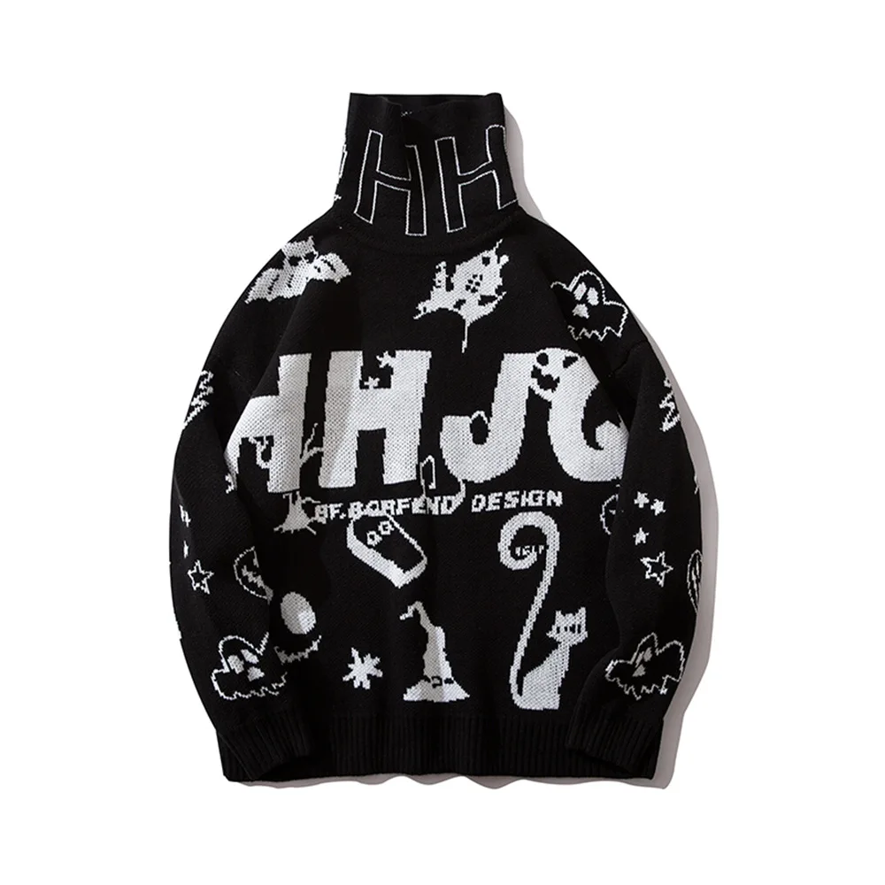

Cartoon Letter Jacquard Turtleneck Pullover Sweater Men Women High Street Loose Knitwear Long Sleeve Sweater Man Autumn Winter