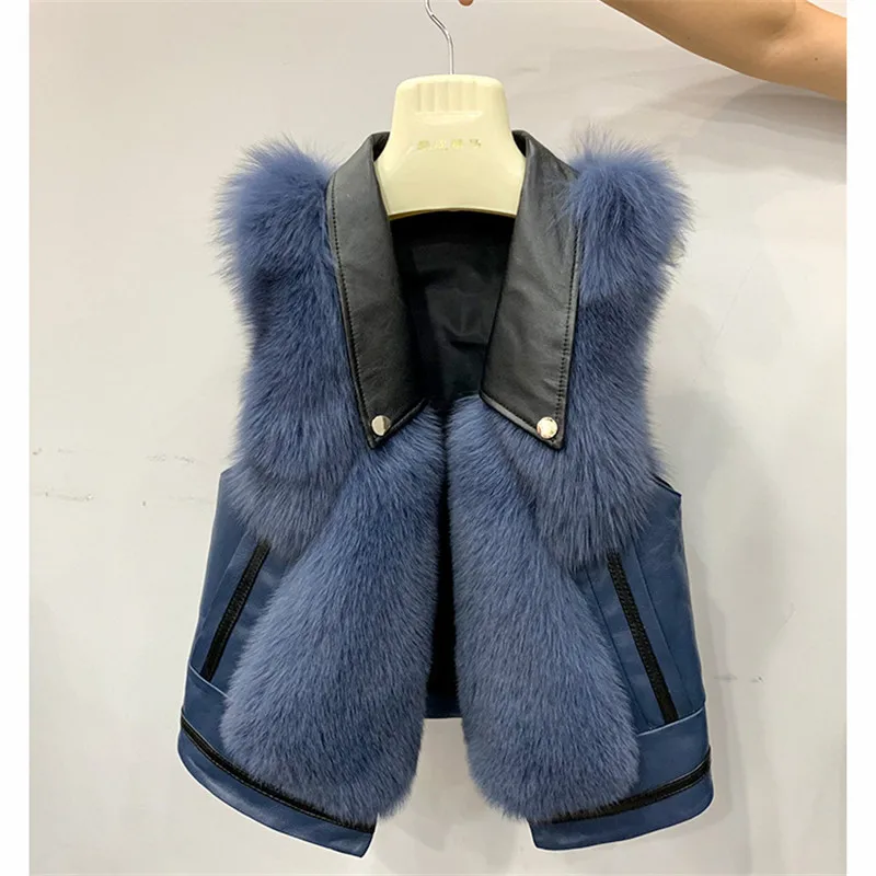 FURSARCAR New Real Natrual Fox Fur Vest Genuine Leather Short Sleeveless Fur Waistcoat Women Winter  Sheep Skin Fox Fur Gilet