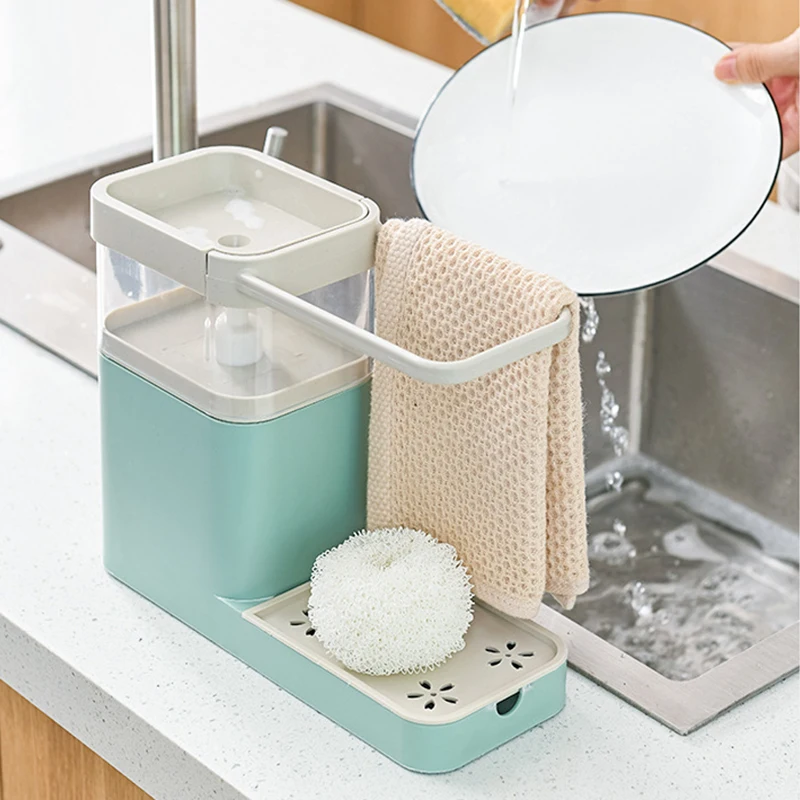 

3 in 1 Soap Pumps Dispenser Container Sponge Holder Dishcloth Towel Rag Hanger Drain Organizer Kitchen HUG-Deals
