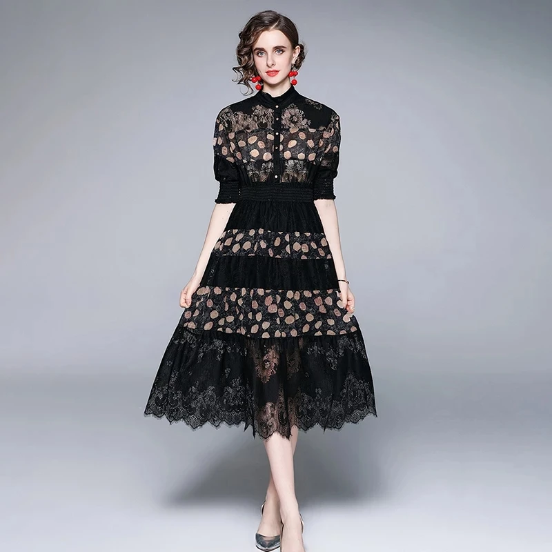 

Женское платье-рубашка с рукавами-фонариками, черное винтажное кружевное платье с воротником-стойкой и поясом на резинке, лето 2019