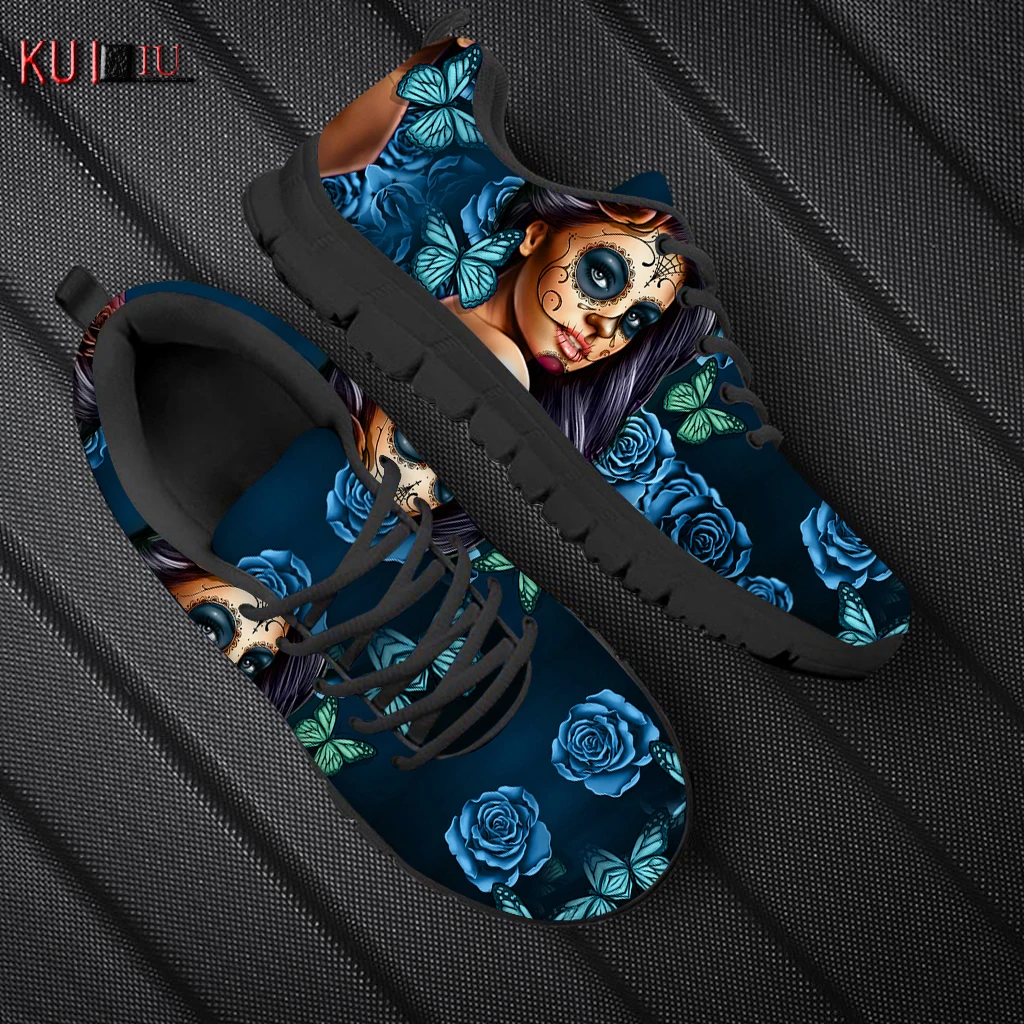 

KUILIU Skull Day of the Dead Gothic Print Women's Sneakers Casual Tennis Shoes Round Toe Lace Up Running Sports Shoes Flats New