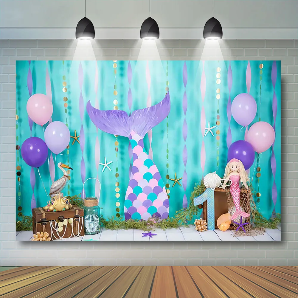 

Little Mermaid Photography Backdrop 1st Birthday Photo Purple Undersea Theme Kids Portrait Girl Cake Smash Baby Photostudio