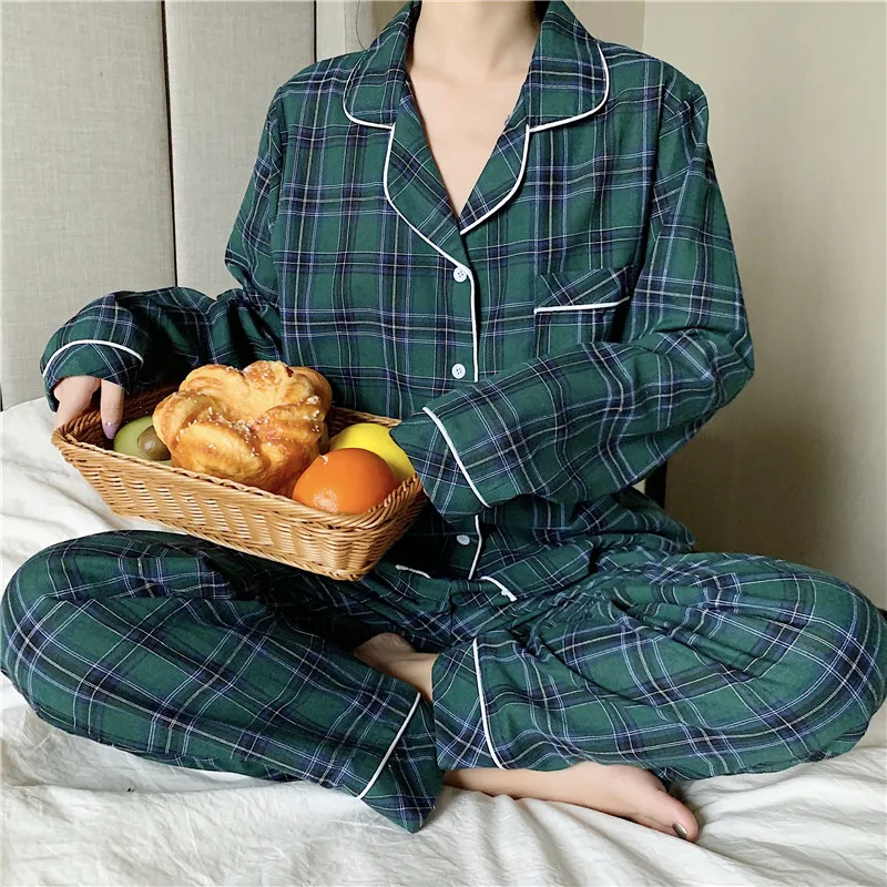 autumn casual home set women pajamas set pocket plaid sleepwear 2 piece set lapel collar shirts pants lounge wear homewear Y141