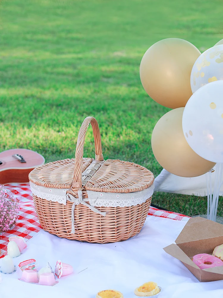 Плетеная из горного хрусталя плетеная корзина с крышкой и ручкой для пикника