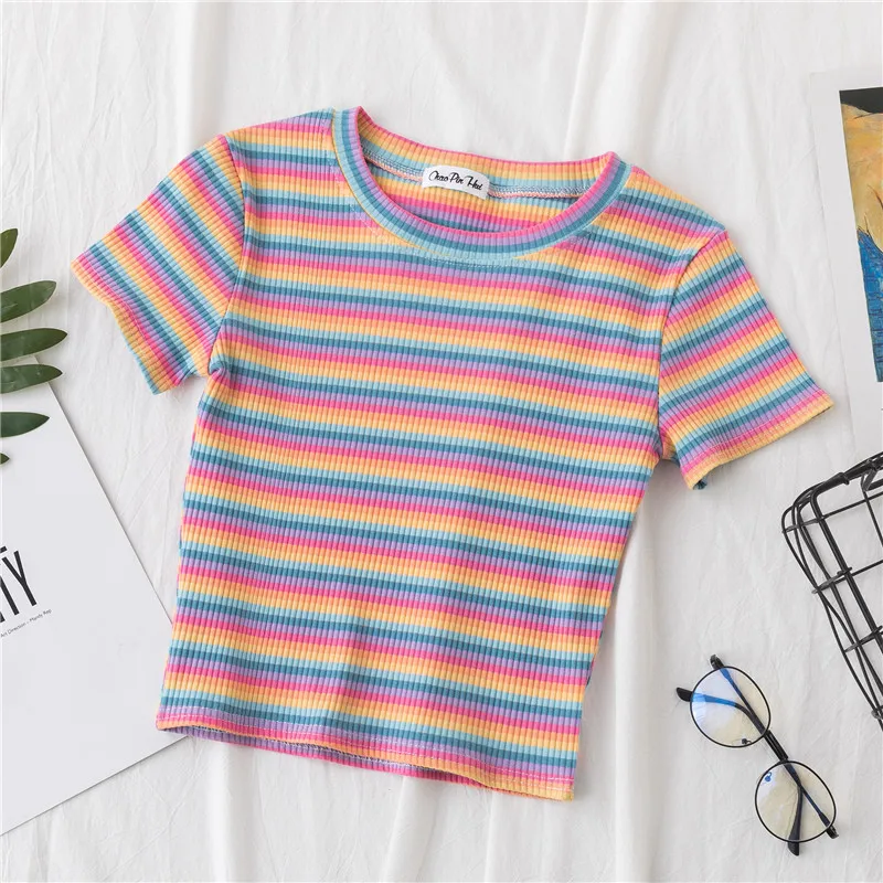 

New T Shirt Women Rainbow Striped Tops Slim Fit t shirt Harajuku Tshirt Summer Short Sleeve Korean T-shirt feminina Clothes Tops