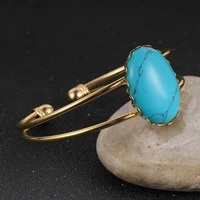 bohemia style natural gem stone gold copper adjustable cuff bracelet bangle oval turquoises crystal ethnic jewelry for women