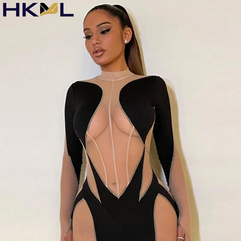 

2021 New Women Dresses Long Sleeve See Patchwork Mesh Through Sexy Bodycon Party Club Maxi Dresses