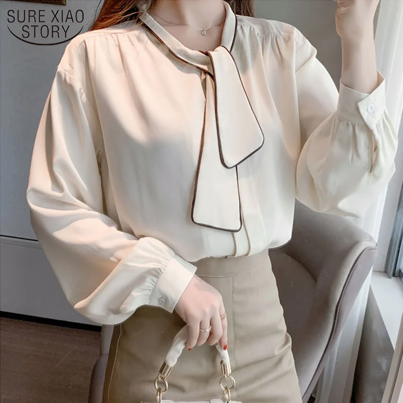 

2021 Spring Office Long Sleeve Shirt with Bow Solid Female New Fashion Chiffon Blouse Women Plus Size Puff Sleeve Clothing 13046