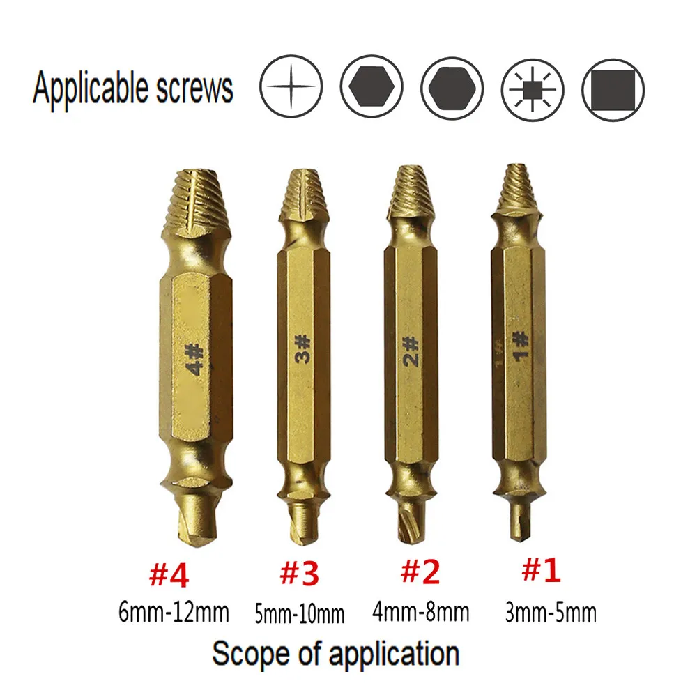 

4 Pcs Titanium-plated S2 Broken Screw Extractor Tool for removing broken screws from sliding teeth
