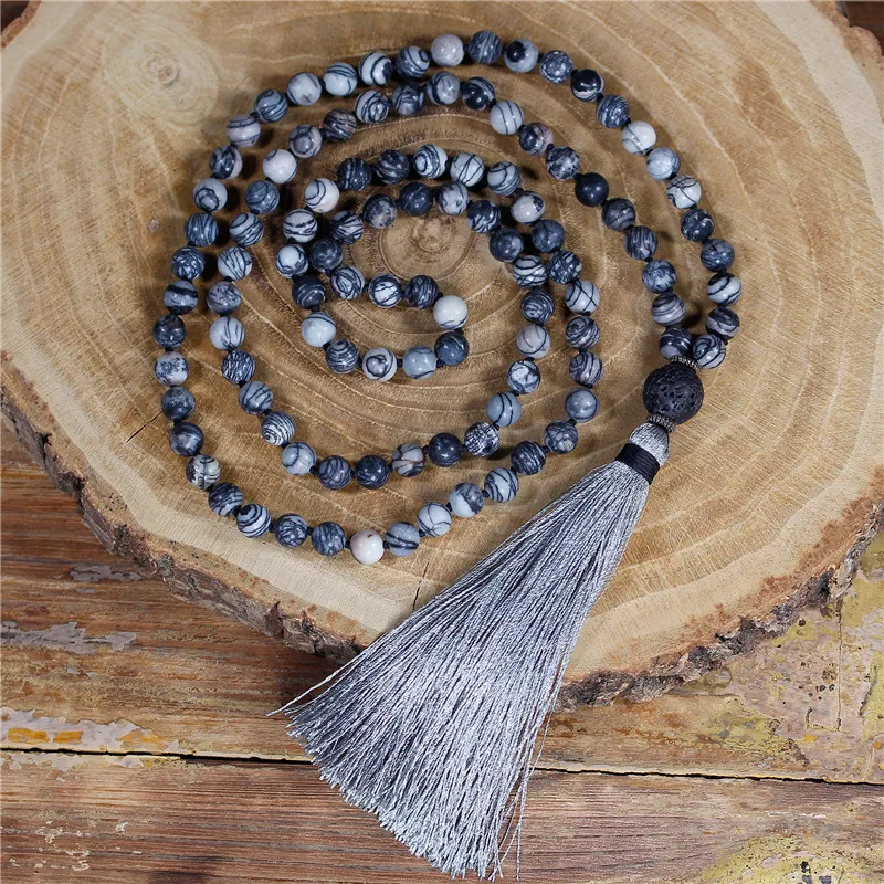 

108 Mala 8MM Spider Stone beads Tassel Necklace Handmade Knotted Yoga Necklace Bohemia Meditation Necklace Yoga Jewelry Dropship