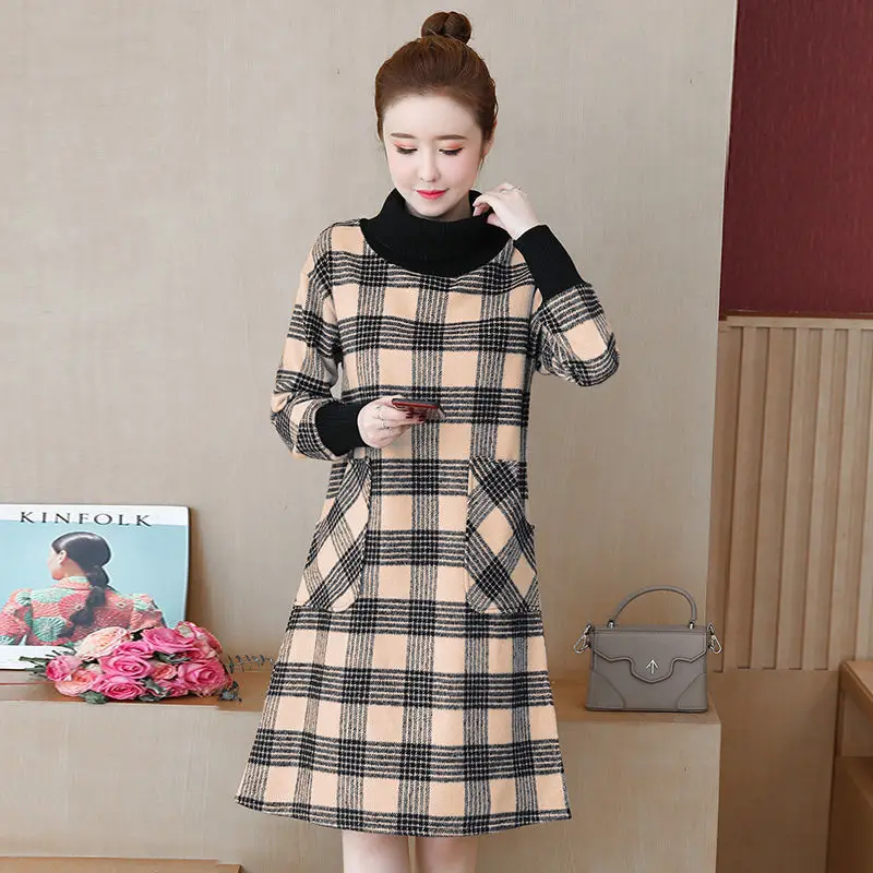 

Long Dress Women's Autumn Winter New Loose Plaid Turtleneck Dress Dresses for Women Vestido De Mujer