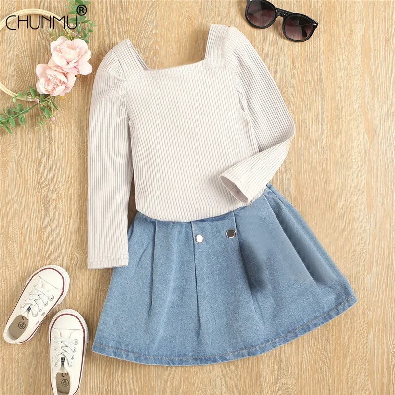 

Весенне-осенний костюм для девочек Новинка 2021 года; Вязаный топ с длинными рукавами и квадратным вырезом для девочек + плиссированная джинс...