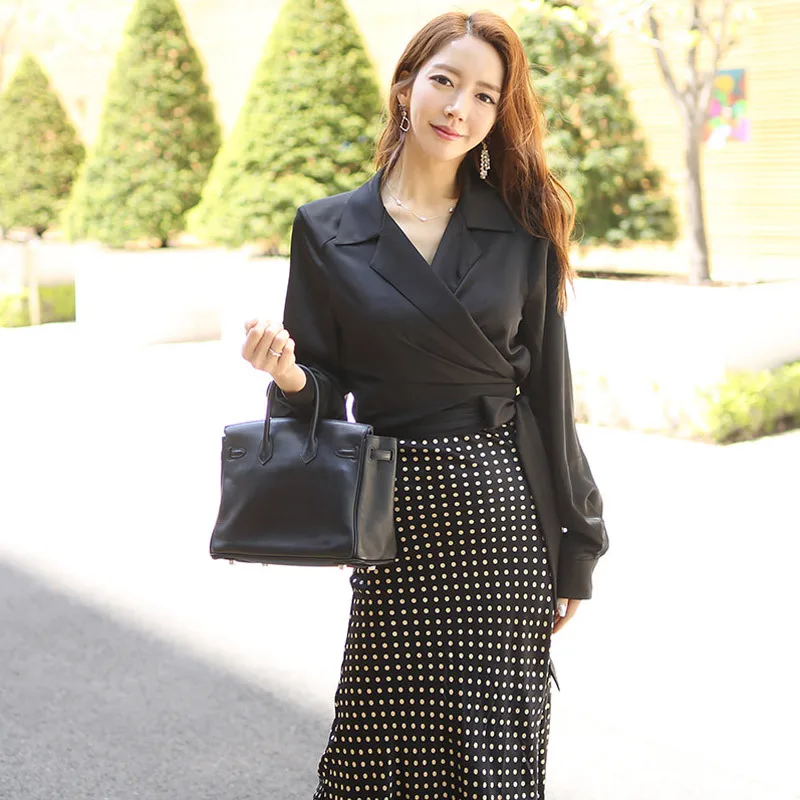 Новинка 2020 черная рубашка и юбка в горошек Женский комплект из 2 предметов