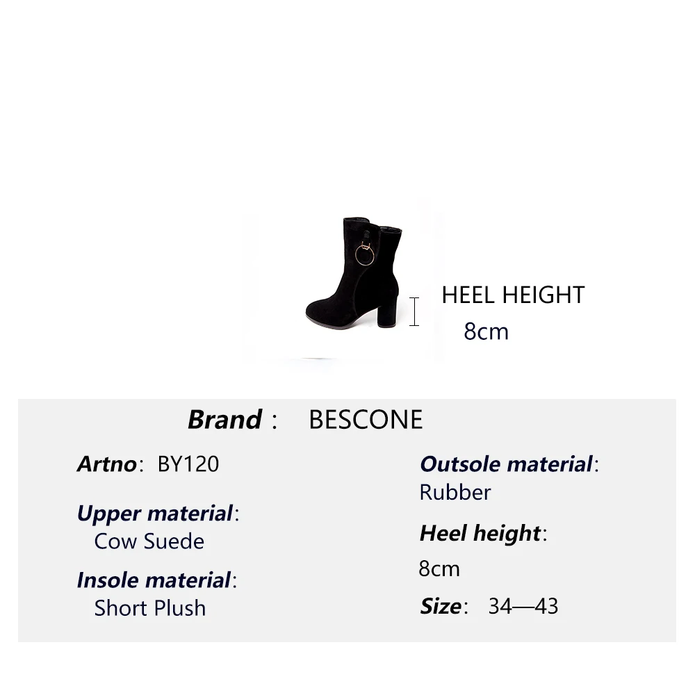 

BESCONE Fashion Ladies Mid-Calf Boots Winter Warm Pointed Toe Zip Super High Heel Shoes Handmade Square Heel Women Boots BY120