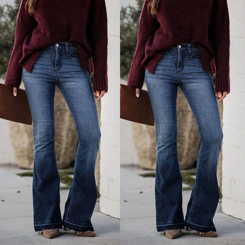 

Women Full Length Flare Pants Trousers Denim Jeans Slim-Fit Figure Flattering Pants Bootleg Pants Jeans Bleached High Waist