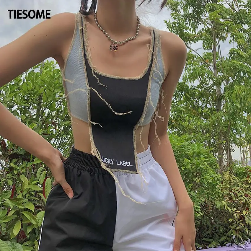TIESOME lucky Alphabet graphics Vest women cool crop top 2020 summer sleeveless Patchwork tops street casual wear female new | Женская