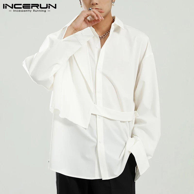 

Men Shirt Solid Color Lapel Long Sleeve Streetwear Button Fashion Irregular Shirts Personality 2021 Casual Camisas S-5XL INCERUN