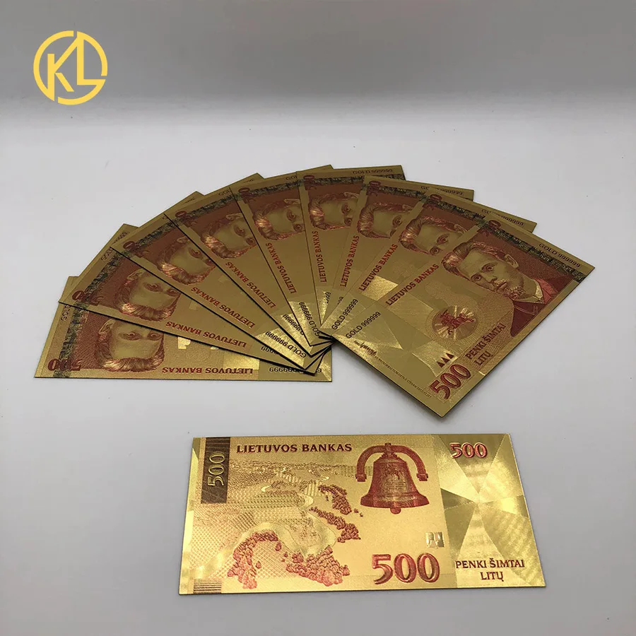 

10pcs Colored Lithuanian 500 Litas Gold 999999 Banknote the nice souvenir collection ticket for popuplar poet VincasKudirka